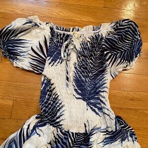 Blue and White Leaf Print Smocked Dress